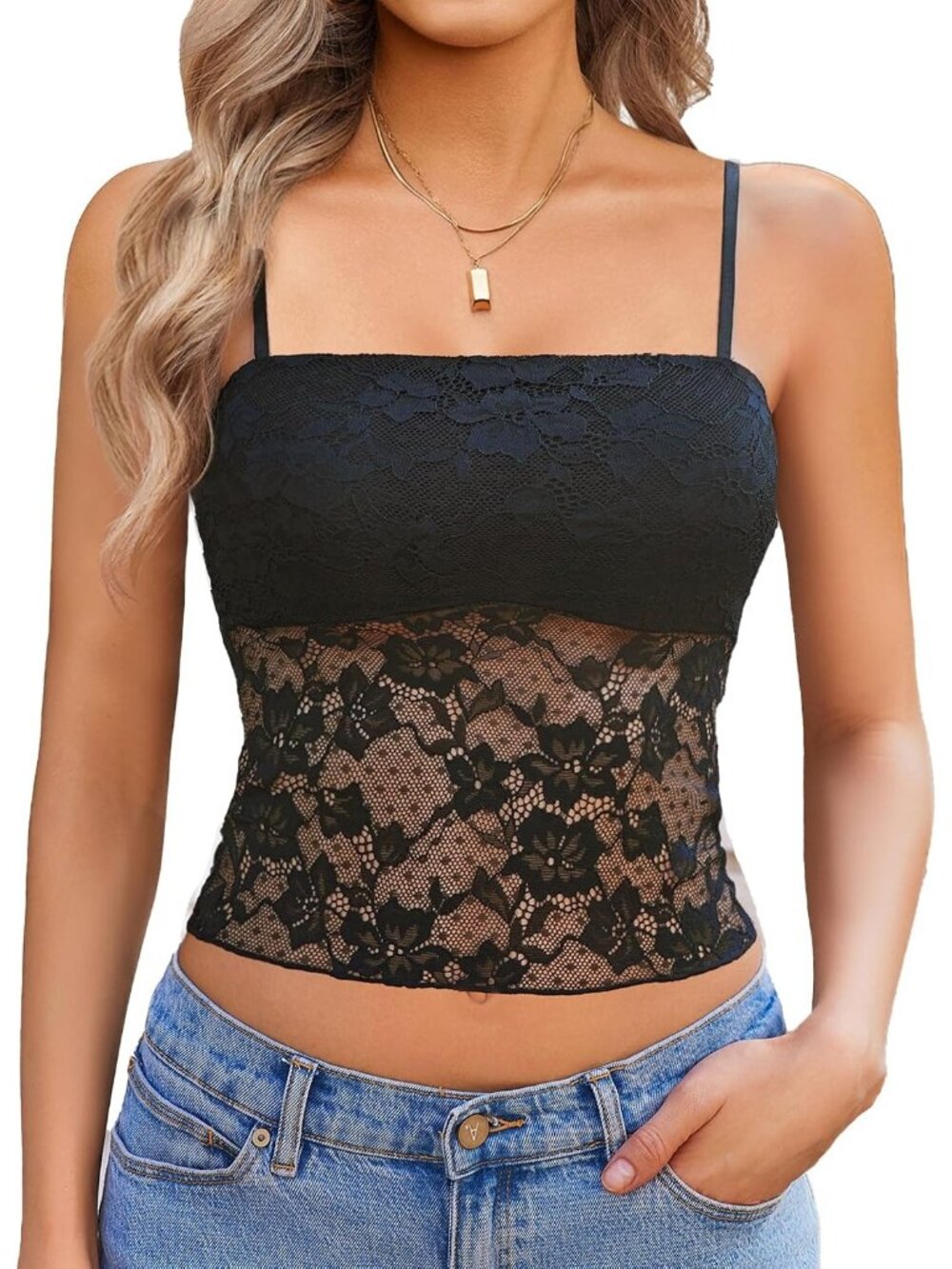 Women's Black Floral Mesh Lace Crop Camisole Lined Bust Sheer Summer Tank Top
